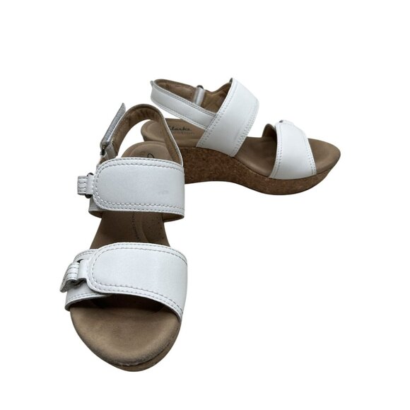 Clarks Collection White Leather Cork Wedge Sandals 6.5 - Picture 2 of 7